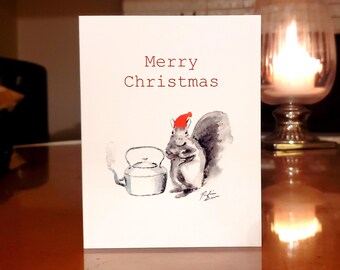 Squirrel with kettle Christmas card