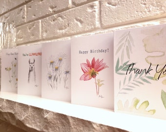 Set of 5 Watercolour Greeting Cards - Assortment