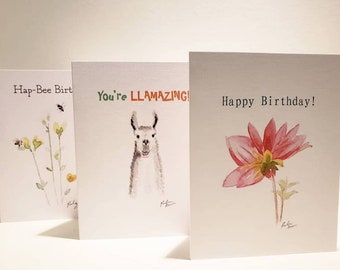 Set of 3 Watercolour Birthday Cards - Assortment