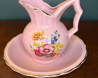 Vintage Small Ceramic Pink Floral Pitcher and Basin Bowl-Made In Japan