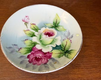 Vintage Hand-Painted Porcelain Rose Trinket Dish/Butter Pat-Japan