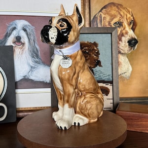 Vintage 1982 Boxer Dog Figurine | Hand-Painted Ceramic Boxer Statue | Leslie ’82 Signed Boxer Art | Unique Pet Lover Decor or Gift