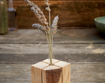 Reclaimed Elm wood Bud Vase with Glass Vial.