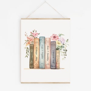 May include: A watercolour illustration of a bookshelf with six books, each with a different Jane Austen novel title. The books are surrounded by colourful flowers.