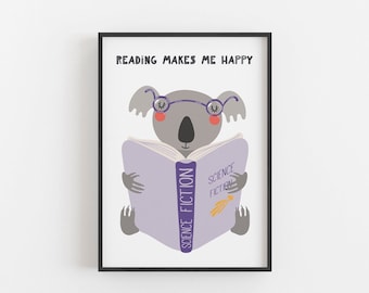 Koala 'Reading Makes Me Happy' Digital Print - Books - Reading - Children's Bedroom Decor - Download