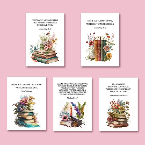 Book Lovers Postcards - Mini Prints - Gifts For Readers - Bookish Quotes - Louisa May Alcott - Jane Austen - Virginia Woolf - Bronte