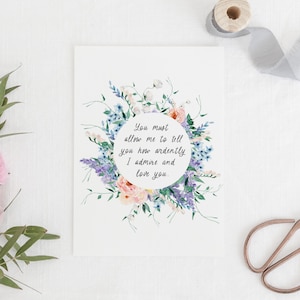 Orgueil et préjugés - carte de citation littéraire « avec quelle ardeur je vous admire et vous aime » - Jane Austen - respectueux de l'environnement - recyclé - carte livresque