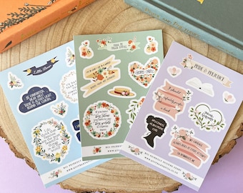 Literary Sticker Sheet Set - Pride and Prejudice / Anne of Green Gables / Little Women - Eco-Friendly Paper Stickers - Literary Gift