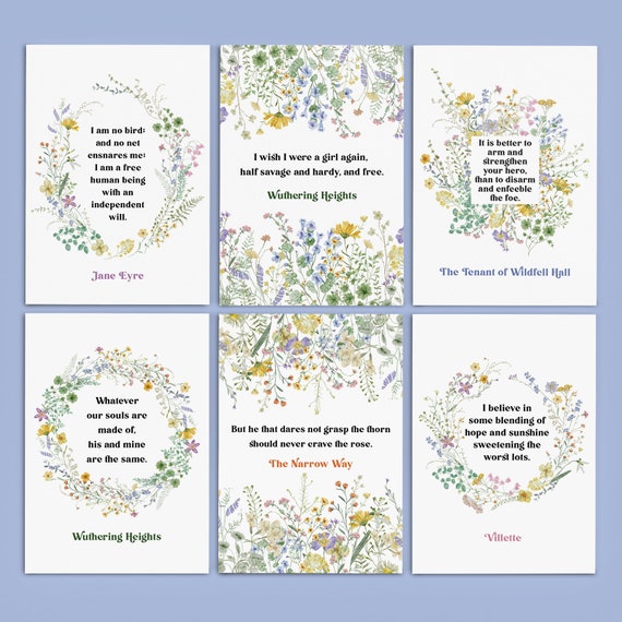 Bronte Sisters Postcards - Mini Prints - Jane Eyre - Wuthering Heights - Tenant Of Wildfell Hall - Gifts For Readers - Book Quotes