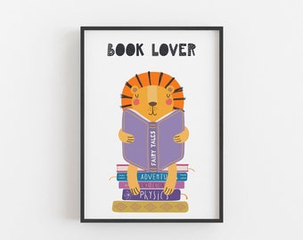 Tiger 'Book Lover' Digital Print - Books - Reading - Children's Bedroom Decor - Download