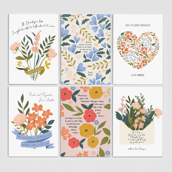 Literary Love Postcard Set - Quotes About Love - Jane Austen - Louisa May Alcott - L. M. Montgomery - Charlotte Bronte - Lord Tennyson