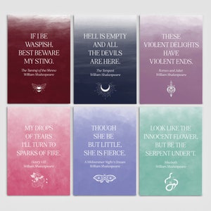 Cartes postales Shakespeare - Mini impressions - La tempête - Macbeth - Le Songe d'une nuit d'été - Roméo et Juliette - Cadeaux pour les lecteurs - Citations de livres
