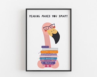 Flamingo 'Reading Makes You Smart' Digital Print - Books - Reading - Children's Bedroom Decor - Download