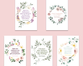 May include: Set of six printable floral illustrations with quotes from Jane Austen's Pride and Prejudice. Each illustration features a watercolor wreath of flowers and leaves with a quote from the novel.