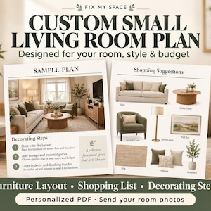 Pode incluir: Um documento digital intitulado Fix My Space Custom Small Living Room Plan apresentando um exemplo de layout, passos de decoração e sugestões de compra para móveis como sofá, poltrona, mesa de centro, candeeiro, tapete e arte.