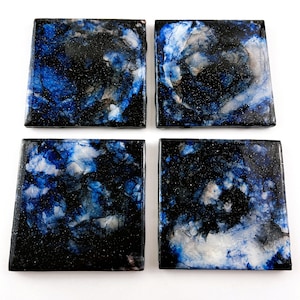 Coaster Set | Alcohol Ink  Resin Art | Gift Set of 4 | Housewarming | Wedding Gift | Home Decor | Galaxy Blue Black Glitter