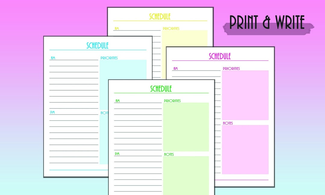 Simple Write in Daily Schedule Template, Colorful and Printable, PDF