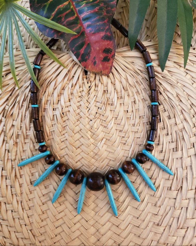 Wood Bead and Howlite Turquoise Spike Tiki Pinup Necklace