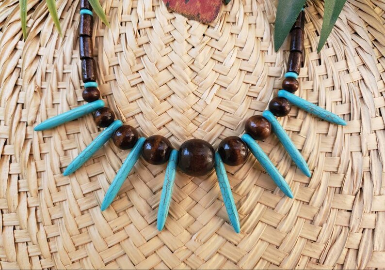 Wood Bead and Howlite Turquoise Spike Tiki Pinup Necklace