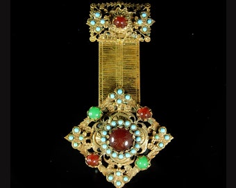 Antique Edwardian Fob Brooch turquoise jeweled fancy watch chain design Karu signed  victorian gold plate Sweetheart jewelry