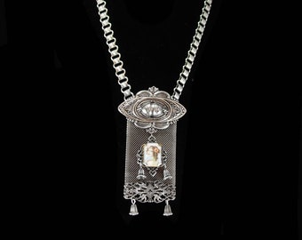 Antique Bookchain necklace Vintage Fabulous Mucha Goddess portrait Watch Fob mesh huge tassel Brooch two piece silver statement necklace set
