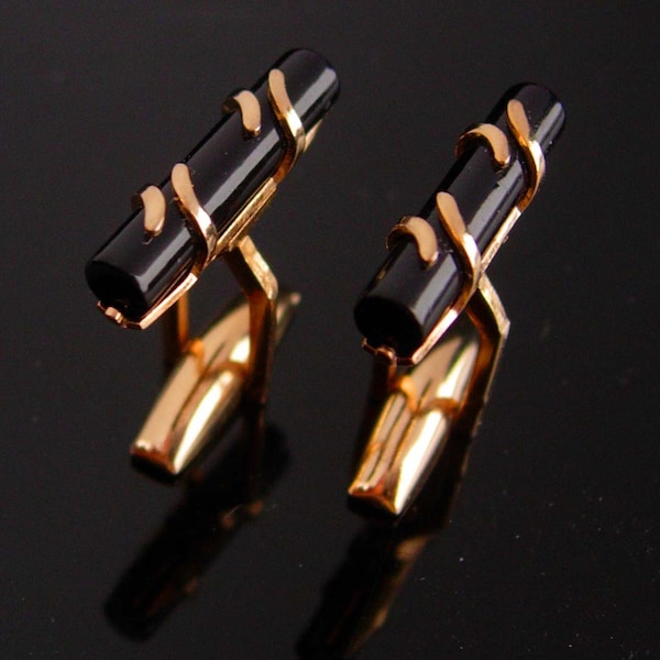 Vintage Tuxedo Cufflinks - black tubes - golden stripe bars - formal wear - Matching tie tack - anniversary gift for him - wedding cufflinks