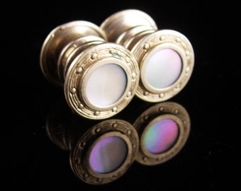 Antique Cufflinks - haunted mother of pearl - snap cufflinks - silver tuxedo set - wedding cufflinks