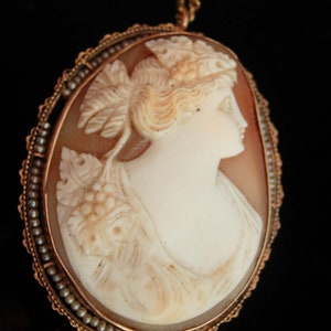 Antique 10k gold Pearl Cameo necklace - CARVED PORTRATI BROOCH -  Vintage Choker - Greek Goddess hand carved C clasp