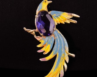 huge jelly belly Brooch - vintage enamel retro bird pin - Figural jewelry - Big Parrot pin