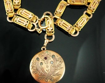 1800's Antique Bookchain necklace / Vintage Moon locket / rose and yellow gold filled / Victorian necklace / charm estate jewelry keepsake
