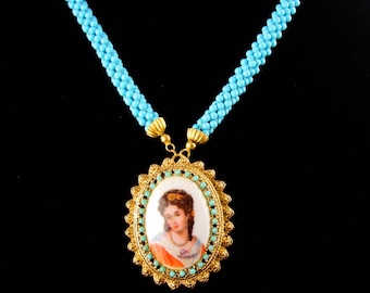 vintage Victorian necklace - Victorian handpainted cameo - French beauty - Turquoise choker - limoges brooch