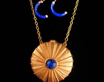 Vintage Perfume Compact necklace - estee lauder locket - Blue matching hoop earrings - Miniature solid empty perfume