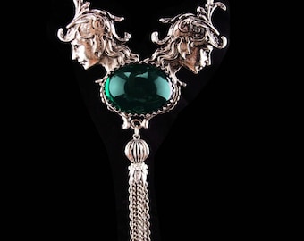 Vintage Athena Necklace / huge statement necklace / goddess jewelry / silver tassel / medieval jewelry / green chrysoprase