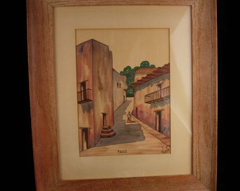 Vintage Watercolor - Taxco signed framed citiscape - southwest adobe village - under glass - 18"x14"