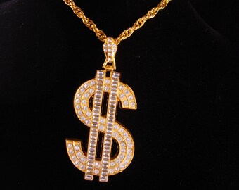 HUGE 4" Dollar Sign necklace / Vintage rapper jewelry - Banker Money sign -  mens womens Wallstreet gift - golden statement Banker gift