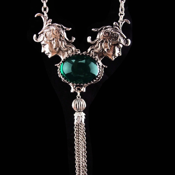 Vintage Athena Necklace / huge statement necklace / goddess jewelry / silver tassel / medieval jewelry / green chrysoprase