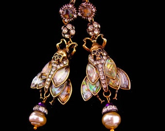 Gothic Chandelier earrings - Real pearls - 3 1/2" statement unusual Moth fly insect set - purple glass gold Skull head bug / art deco style