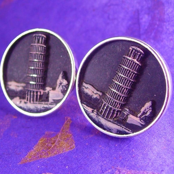 Extra large Italy cuff links leaning Tower of PISA Cufflinks Vintage Rome Gemelli Architectural Design Hickok Cuff Jewelry silver black