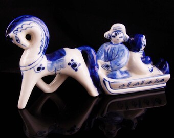 Very rare soviet Porcelain figurine white blue Horse stallion Gzhel cobalt hand painting Russia USSR 1970-80s