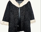 1950 39 s Silver Mink Swing Coat- York Furrier black persian lamb - A line flair Jacket - small to medium - side pockets - large buttons