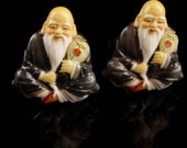 Toshikane Cufflinks - Vintage Asian set - Japan - signed porcelain hand painted - God of Wisdom - silver cuff links oriental Buddha