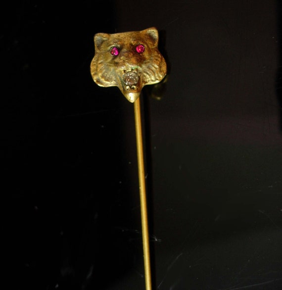 Antique Lion STICKPIN ruby Jeweled Eyes tiger pas… - image 2