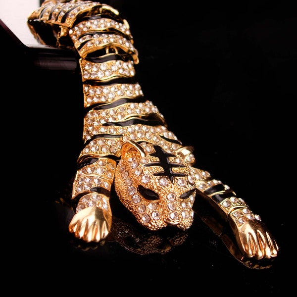 11" BIG Rhinestone Panther brooch - BIG Cat leopard - shoulder wrap pin - vintage gold tiger brooch - leopard womens animal lover