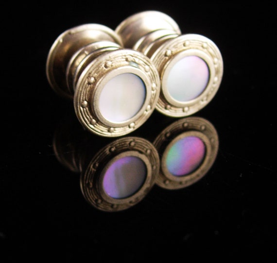 Antique Cufflinks - haunted mother of pearl - snap cufflinks - silver tuxed...