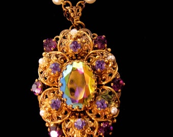 Vintage Baroque purple rhinestone necklace - 2 " victorian filigree pendant - west germany Edwardian choker