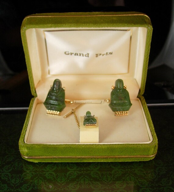 Vintage Buddha Cufflinks ORIGINAL Box Tie tack Ch… - image 3