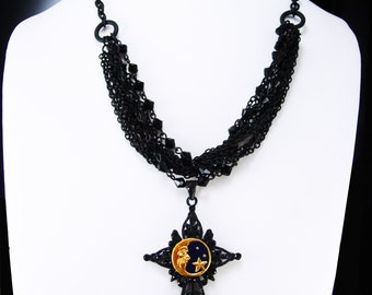 Black gothic Cross necklace Celestial moon stars talisman choker gothic jewelry religious gift