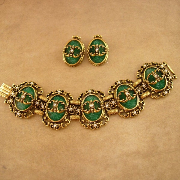 Art nouveau bracelet  Clip on earrings Vintage molded cabs Victorian Suffragette jewelry  Estate costume jewelry