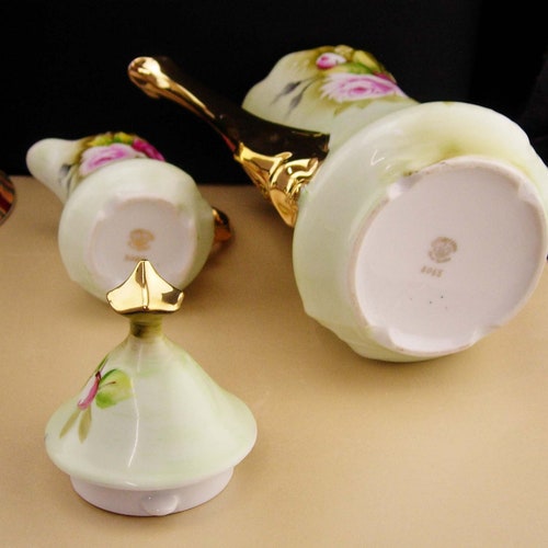 Vintage Lefton shops Teapot & creamer - porcelain green and pink roses - Gold trim vintage tea or coffee - gift for mom
