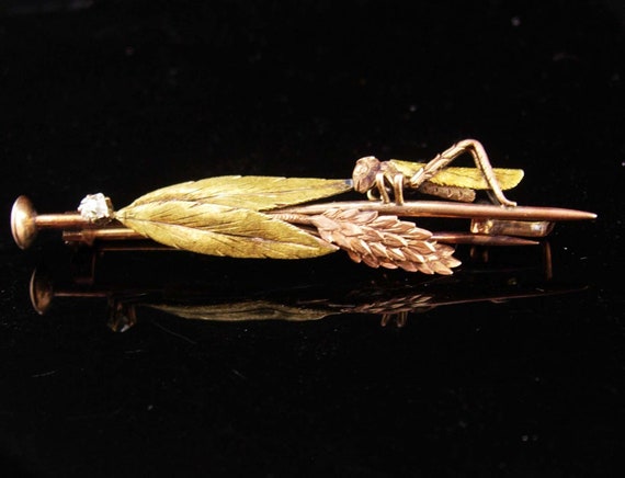 SpiritManorAntiques Antique Diamond Brooch / 14kt Green & Gold Cricket Victorian Pin / Grasshopper Insect Brooch / Victorian Insect Pin / Ooak Mens Lapel Pin